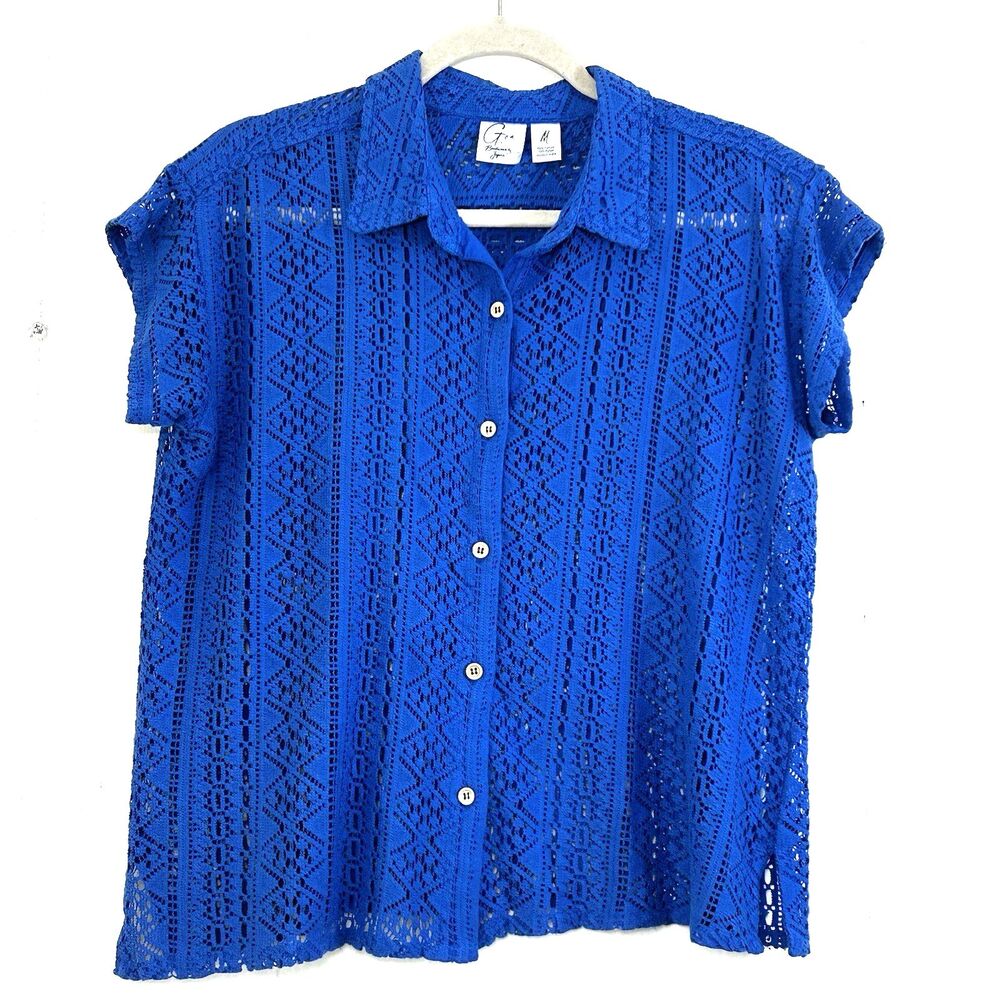 Goa Beachwear by Japna Blue Top Size Medium Button Up Blouse Crocheted Collared